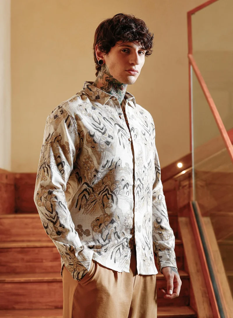 Campus Sutra Campus Sutra Men Strokes-Imprint Brushed Shirt | Spread Collar Long Cuffed Sleeves | Button Closure Curved Hem | Abstract Print Brushed | Woven Fabric For Casual & Party Wear | Ecru Beige