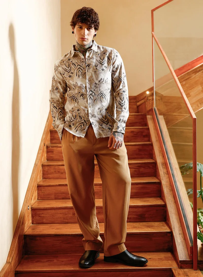 Campus Sutra Campus Sutra Men Strokes-Imprint Brushed Shirt | Spread Collar Long Cuffed Sleeves | Button Closure Curved Hem | Abstract Print Brushed | Woven Fabric For Casual & Party Wear | Ecru Beige