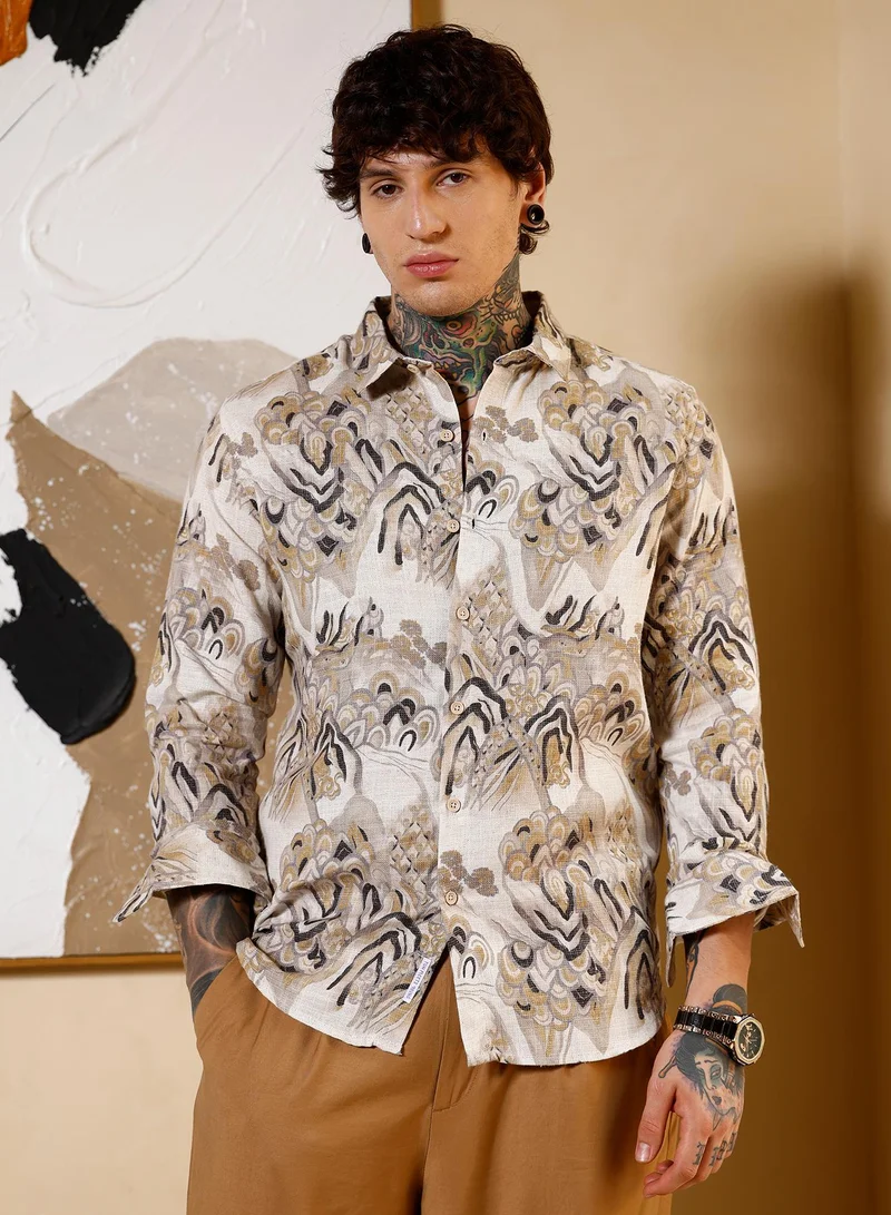كامبوس سوترا Campus Sutra Men Strokes-Imprint Brushed Shirt | Spread Collar Long Cuffed Sleeves | Button Closure Curved Hem | Abstract Print Brushed | Woven Fabric For Casual & Party Wear | Ecru Beige