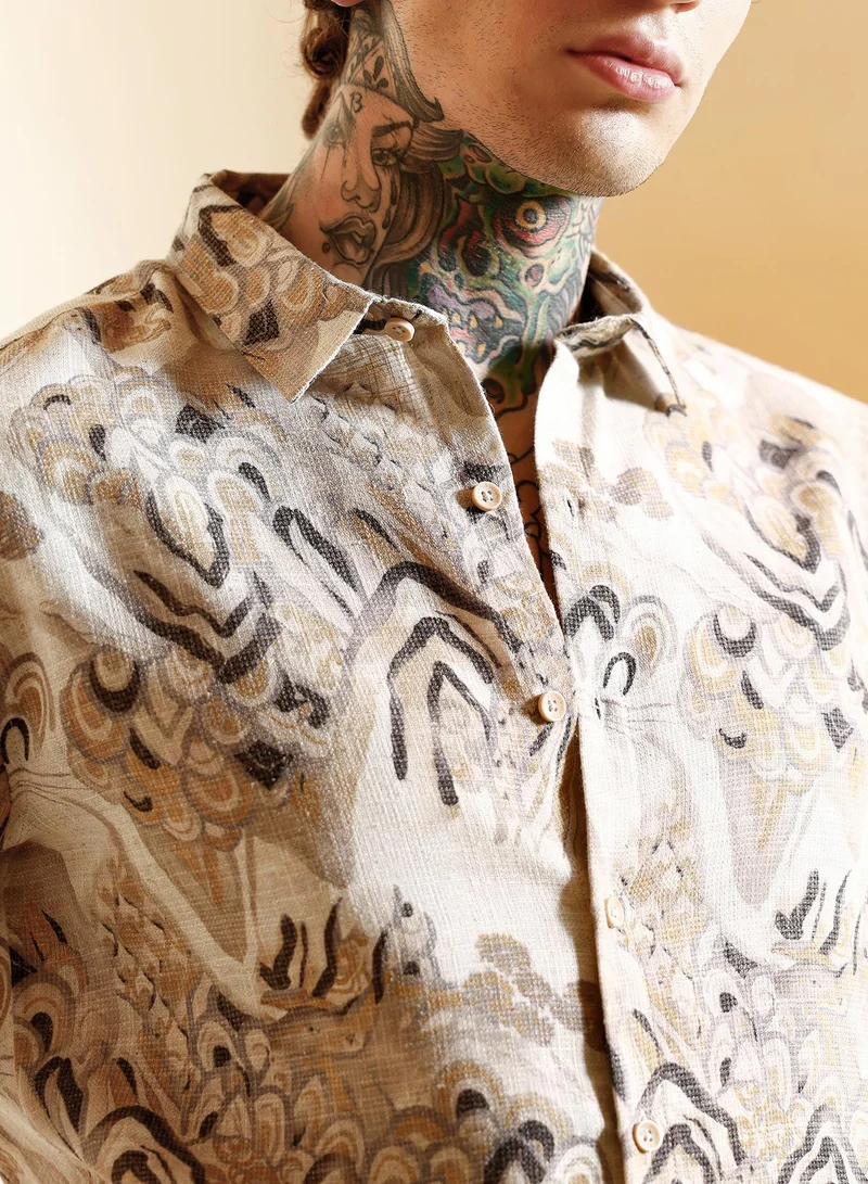 Campus Sutra Campus Sutra Men Strokes-Imprint Brushed Shirt | Spread Collar Long Cuffed Sleeves | Button Closure Curved Hem | Abstract Print Brushed | Woven Fabric For Casual & Party Wear | Ecru Beige