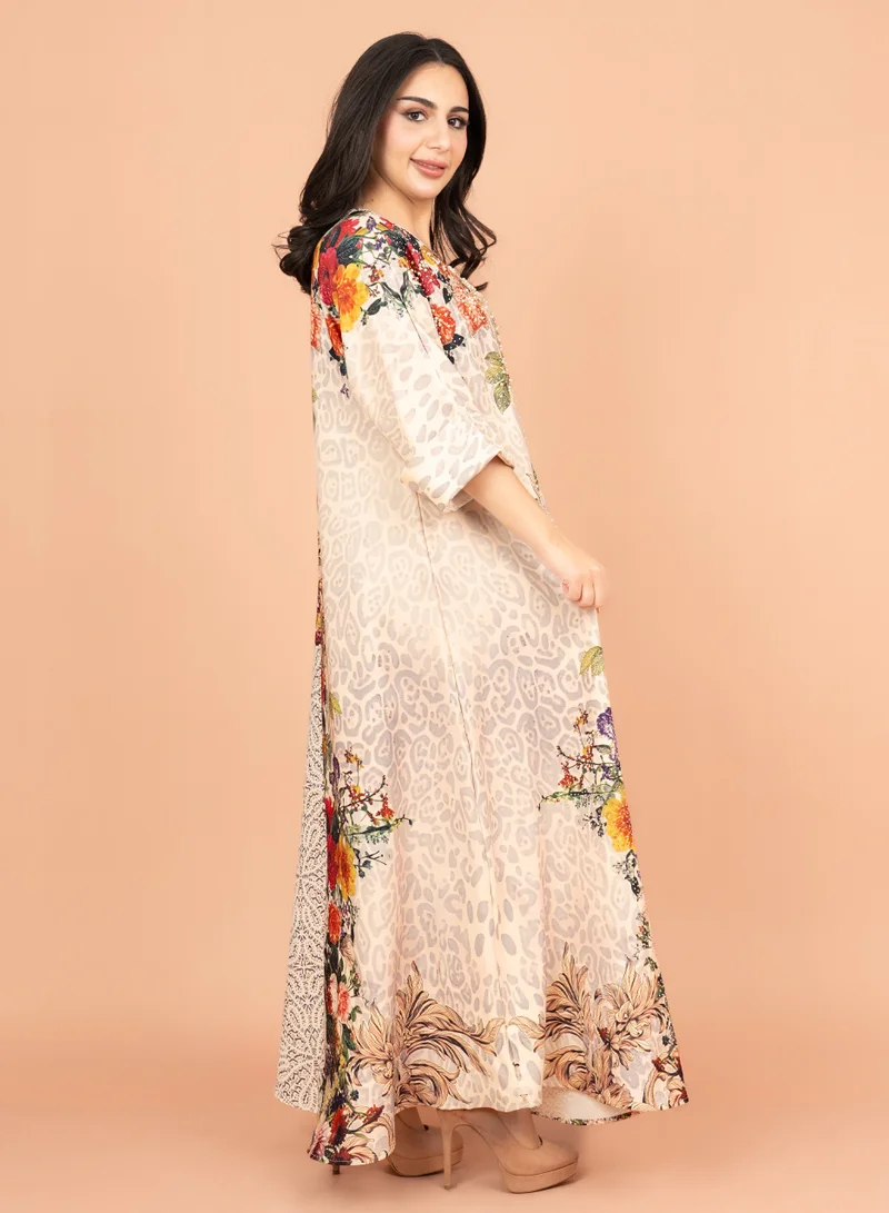 IKKXA Vibrant Floral Embellished Jalabiya IK1002 Beige