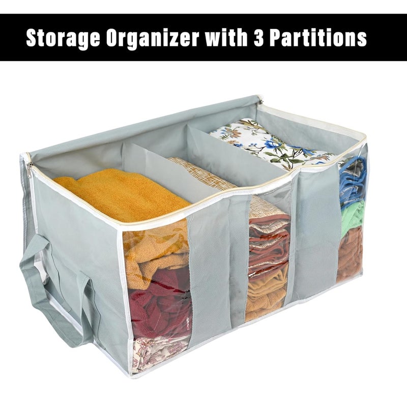 Kuber Industries Underbed Storage Bag NonWoven Storage Bag Underbed Storage Organizer with 3 Partitions Blanket Cover with Side Handles Pack of 2 Gray - Image 4