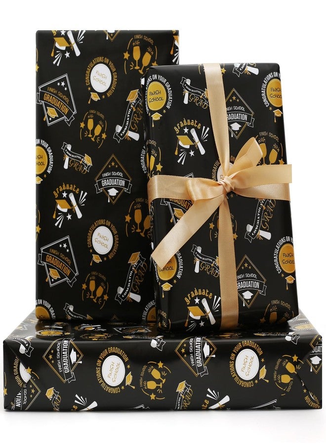 NEPOG Graduation Gift Wrapping Papers, 6 Sheets Black and Gold FINISH SCHOOL GRAD Champagne Patterns Gift Wrap, 20 x 28inch per Sheet with 1 Roll Gold Ribbon for 2026 Graduation Party Gift Wrap DIY Craft - Image 1