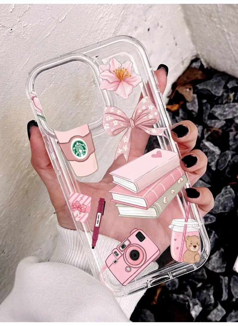 Shein Soft shockproof, scratch-resistant and drop-resistant phone case made of transparent and airy materials, decorated with pink graphics and patterns such as book, pen, cup, camera, bow, flower, compatible with iPhone 15 Plus - Image 2