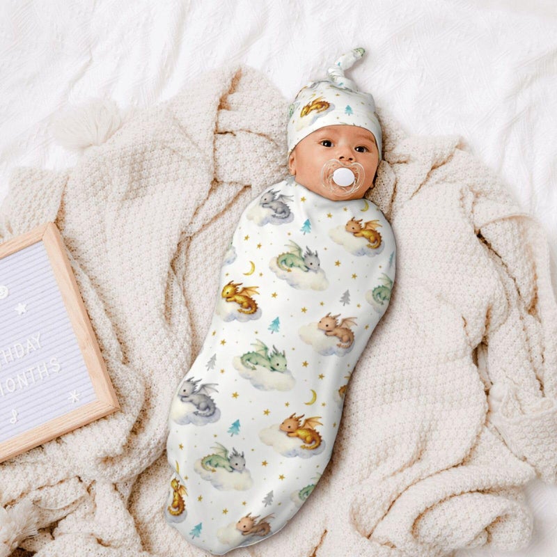 Sozzjile Cute Dragon Print Swaddle Blanket with Beanie Set, Cloud Moon Star Dragons Egg Swaddle Sack Newborn Sleeping Sacks for Girls Boys - Image 2