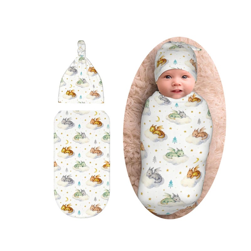 Sozzjile Cute Dragon Print Swaddle Blanket with Beanie Set, Cloud Moon Star Dragons Egg Swaddle Sack Newborn Sleeping Sacks for Girls Boys - Image 1