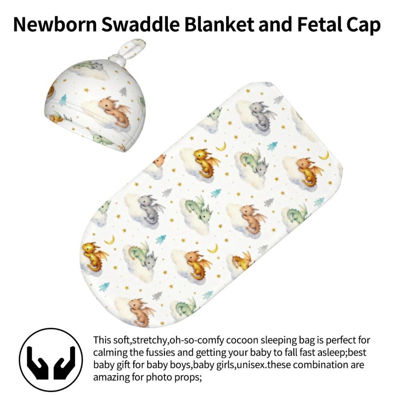 Sozzjile Cute Dragon Print Swaddle Blanket with Beanie Set, Cloud Moon Star Dragons Egg Swaddle Sack Newborn Sleeping Sacks for Girls Boys - Image 3