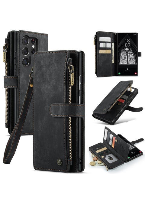 For Samsung Galaxy S23 5G Ultra Wallet Case, with Wristlet Credit Card Holder Zipper PU Leather Protective Mobile Phone Case, Compatible with Samsung S23 Ultra Back Cover (Black)