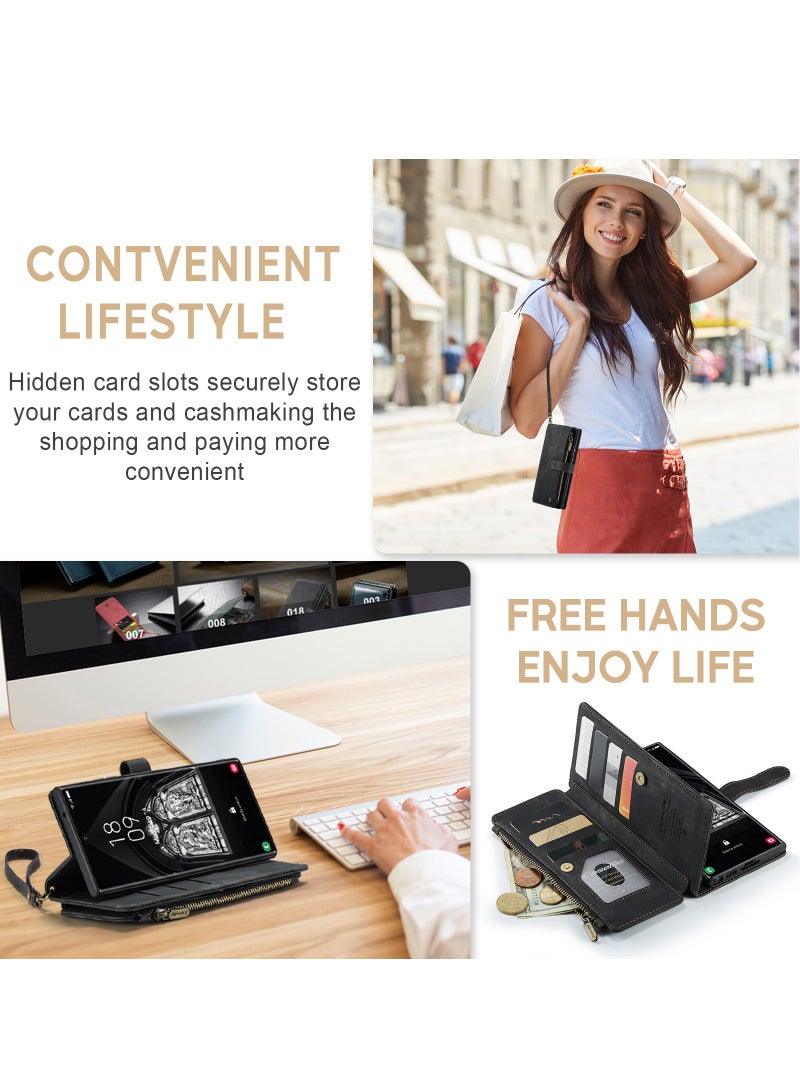 CaseMe For Samsung Galaxy S23 5G Ultra Wallet Case, with Wristlet Credit Card Holder Zipper PU Leather Protective Mobile Phone Case, Compatible with Samsung S23 Ultra Back Cover (Black) - Image 4