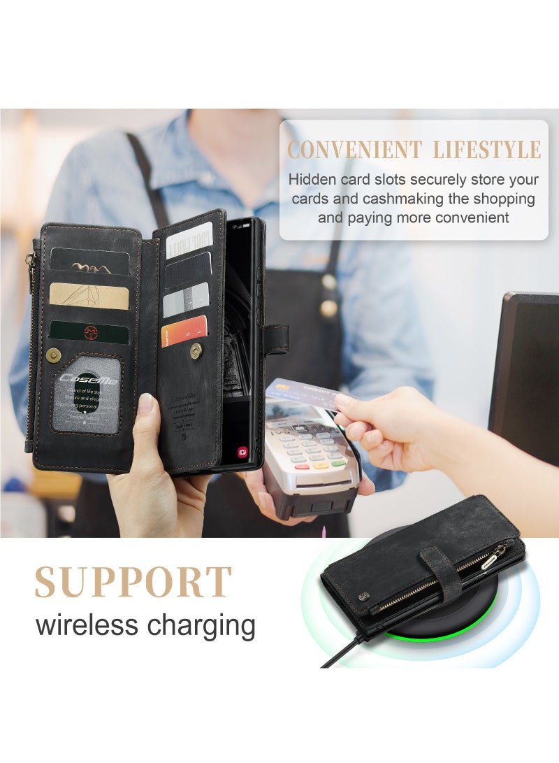 CaseMe For Samsung Galaxy S23 5G Ultra Wallet Case, with Wristlet Credit Card Holder Zipper PU Leather Protective Mobile Phone Case, Compatible with Samsung S23 Ultra Back Cover (Black) - Image 3