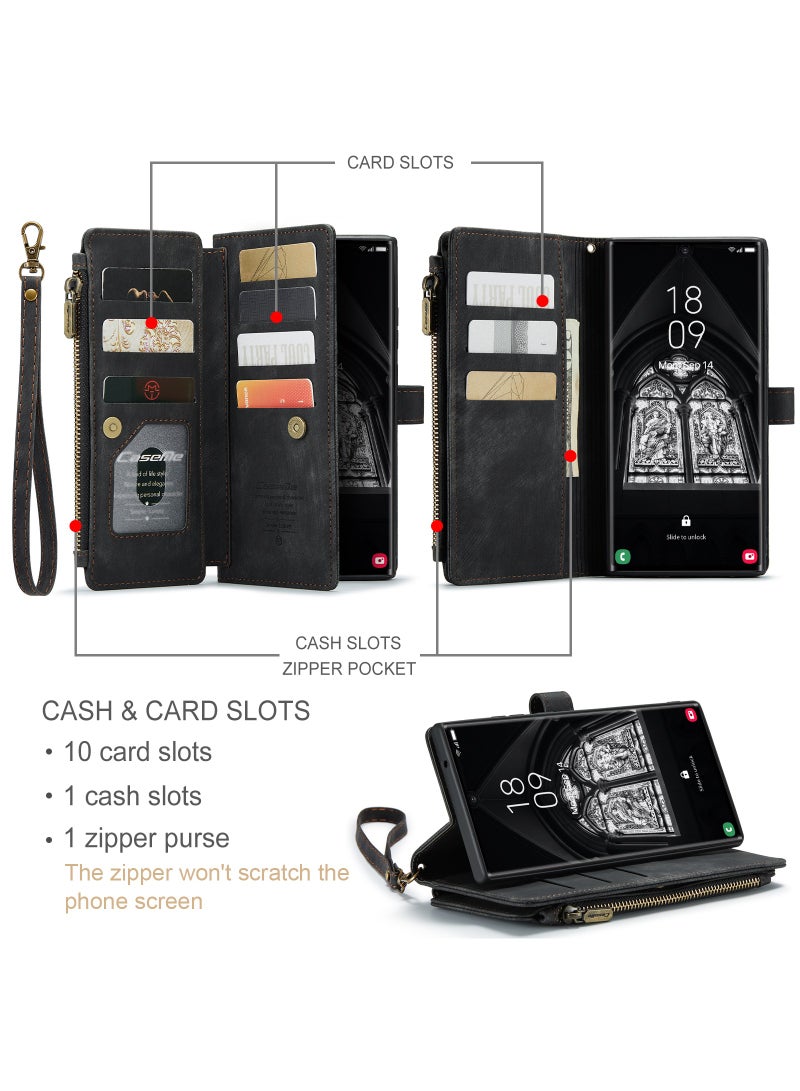 CaseMe For Samsung Galaxy S23 5G Ultra Wallet Case, with Wristlet Credit Card Holder Zipper PU Leather Protective Mobile Phone Case, Compatible with Samsung S23 Ultra Back Cover (Black) - Image 2