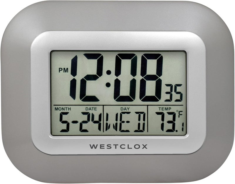 Westclox Large Digital Wall Clock Battery Operated Large Digital Clock with Temperature Date and Day of Week with Alarm  Modern Digital Desk Clock for Office Kitchen Bedroom or Living Room  Silver - Image 1