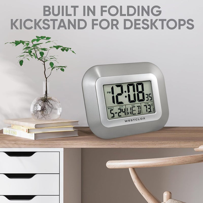 Westclox Large Digital Wall Clock Battery Operated Large Digital Clock with Temperature Date and Day of Week with Alarm  Modern Digital Desk Clock for Office Kitchen Bedroom or Living Room  Silver - Image 5