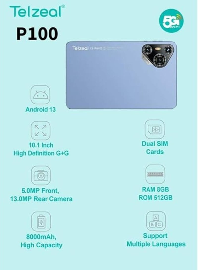 تابلت P100 بشاشة 10.1 بوصة، يعمل بنظام أندرويد 13، مع شبكة واي فاي 5G وشريحتي اتصال، وذاكرة وصول عشوائي (RAM) سعة 8 جيجابايت، وذاكرة قراءة فقط (ROM) سعة 512 جيجابايت، وبطارية عالية السعة 8000 مللي أمبير/ساعة، ولوحة مفاتيح وماوس لاسلكيين، باللون الأزرق
