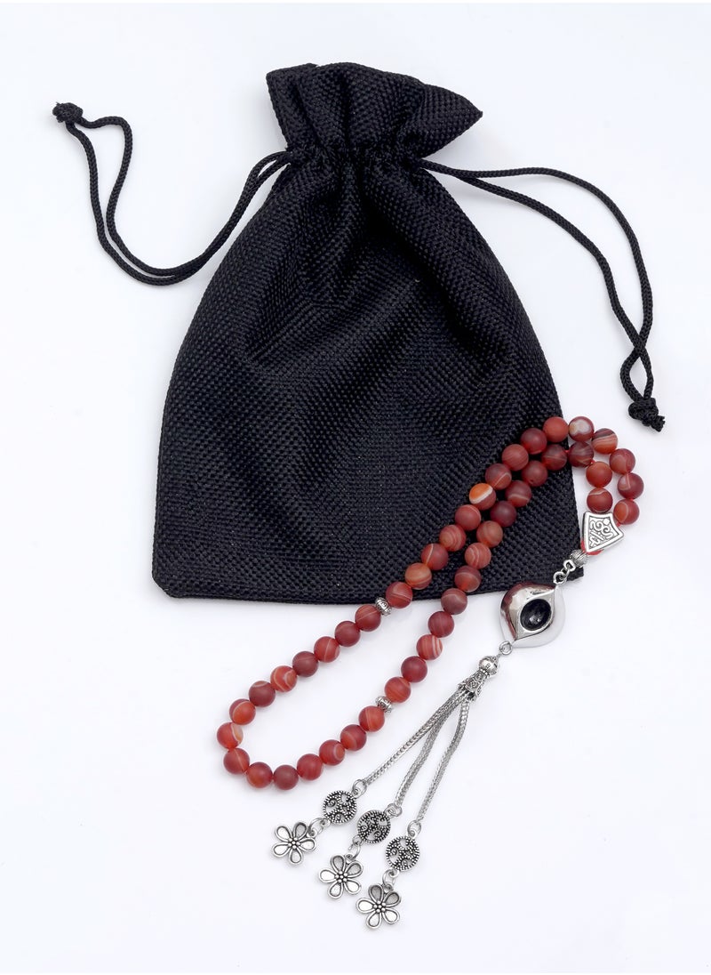 Subhati Prayer Beads ( Misbah ) with metal Parts and Mat Red Agate Stone | 8 MM Beads - 45 Pcs  - Image 3