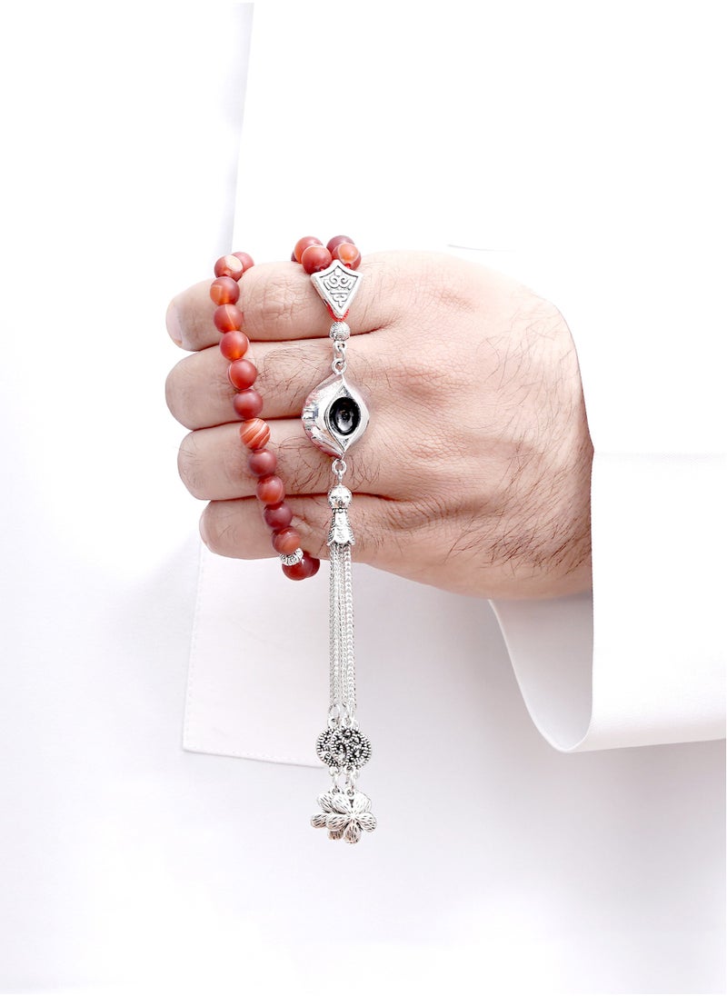 Subhati Prayer Beads ( Misbah ) with metal Parts and Mat Red Agate Stone | 8 MM Beads - 45 Pcs  - Image 1