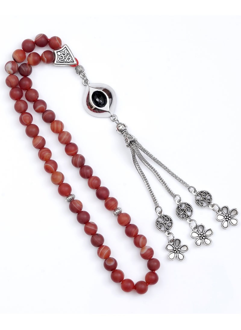 Subhati Prayer Beads ( Misbah ) with metal Parts and Mat Red Agate Stone | 8 MM Beads - 45 Pcs  - Image 2