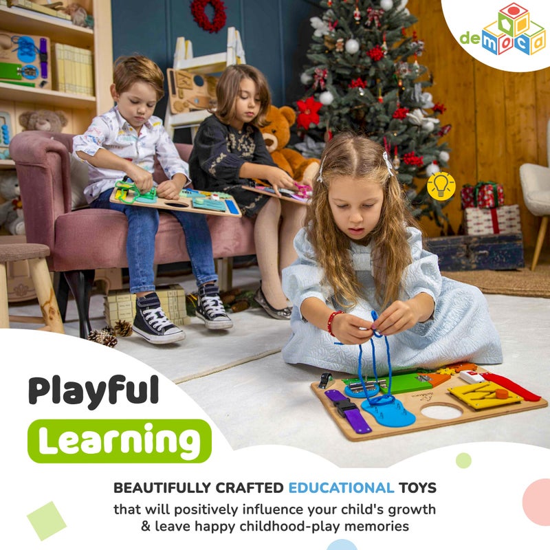 deMoca Sensory Busy Board for Toddlers, Premium Wooden Toddler Busy Board for 1 2 3 Year Old with 10 Educational Activities for Fine Motor Skills, Fidget Activity Toy for Travel Toy (Multicolored - Large) - Image 2