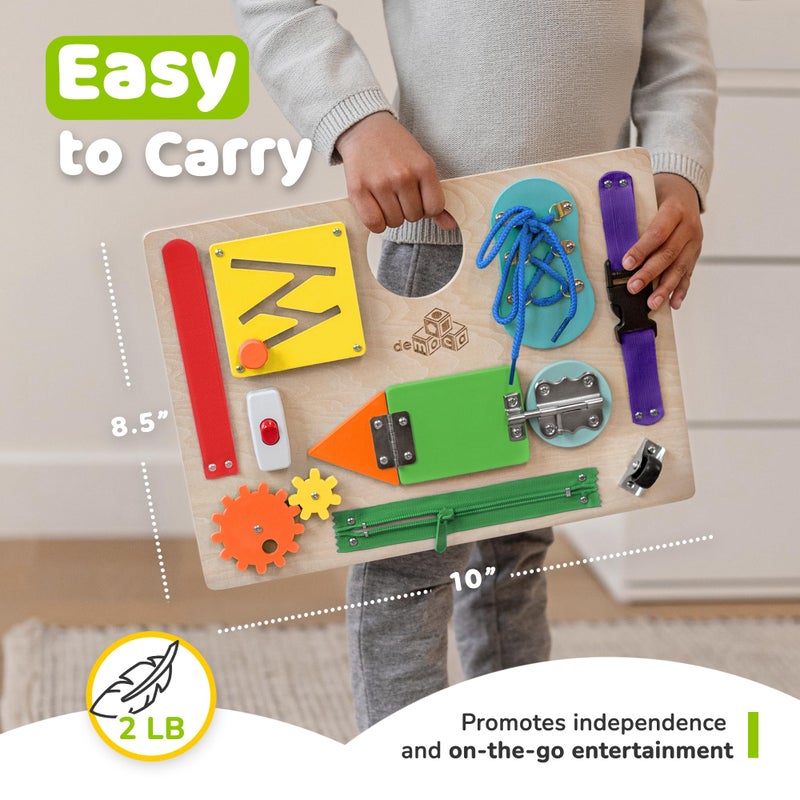 deMoca Sensory Busy Board for Toddlers, Premium Wooden Toddler Busy Board for 1 2 3 Year Old with 10 Educational Activities for Fine Motor Skills, Fidget Activity Toy for Travel Toy (Multicolored - Large) - Image 5