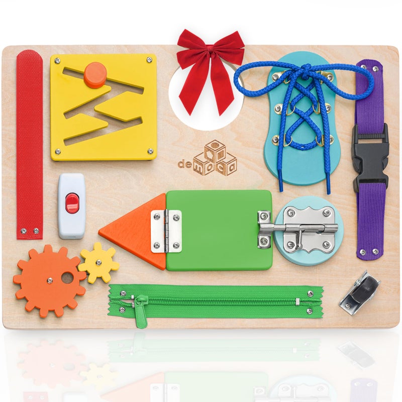 deMoca Sensory Busy Board for Toddlers, Premium Wooden Toddler Busy Board for 1 2 3 Year Old with 10 Educational Activities for Fine Motor Skills, Fidget Activity Toy for Travel Toy (Multicolored - Large) - Image 1