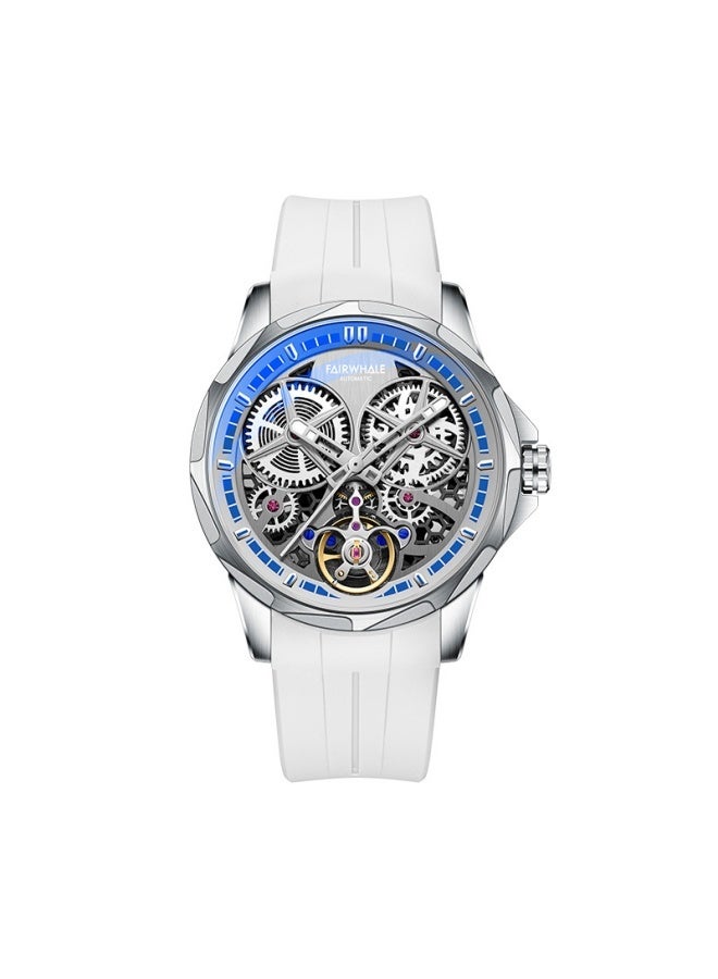 Mark Fairwhale Men's Retro Style Mechanical Watch - Luminous Display, Silver Case, Blue Dial & White Silicone Strap