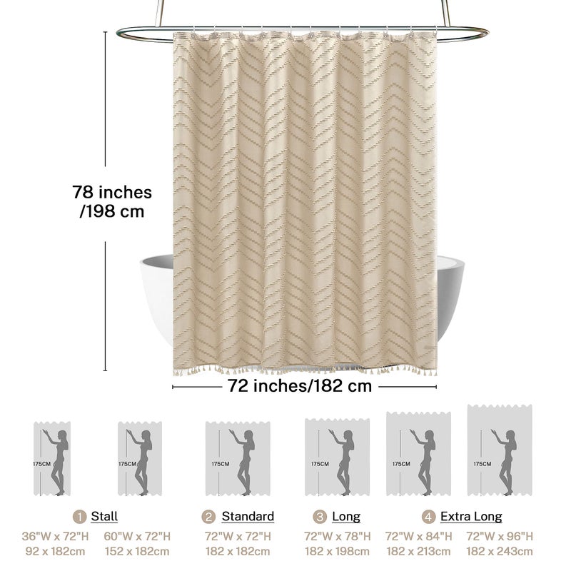 Siiluminisoy Farmhouse Boho Shower Curtain, Woven Fabric Beige Long, 72 x 78, Tufted Chevron Striped Modern Chic Textured Minimalist Bathroom Shower Curtain - Image 4