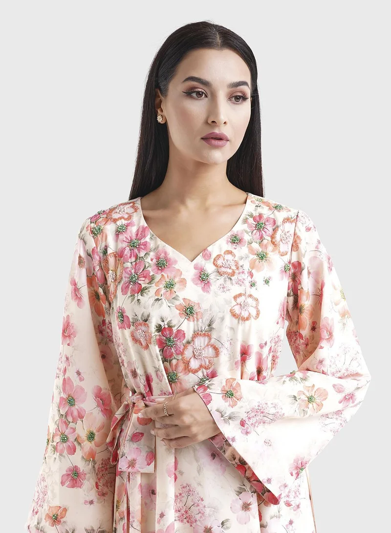 KASHKHA Cream Georgette Floral Print  Dress with Beadwork (VDM829)