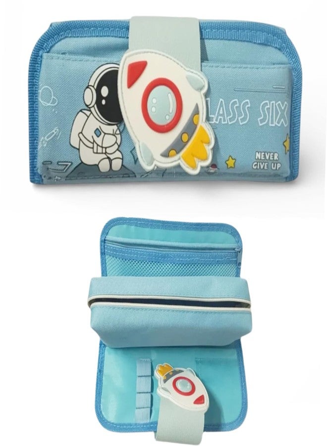BLLUEX Large Capacity Pencil Box with 3 Compartments, Aesthetic Pencil Pouch Organizer for Girls & Boys, Pen & Stationery Holder for School Kids, College Students (Space Rocket - Sky Blue) - Image 1