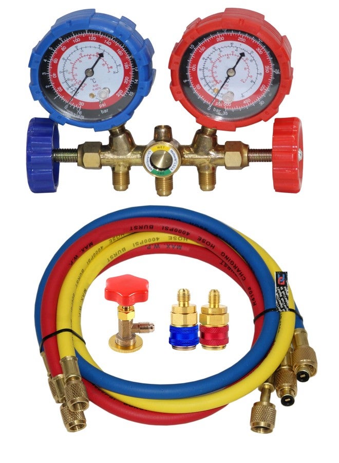 Digital Craft Manifold Gauge Set for Air Conditioning & Refrigeration - AC Service Tool Compatible with R12, R22, R404A & R134A, Includes Tap Valve & Small Quick Coupler - Image 1