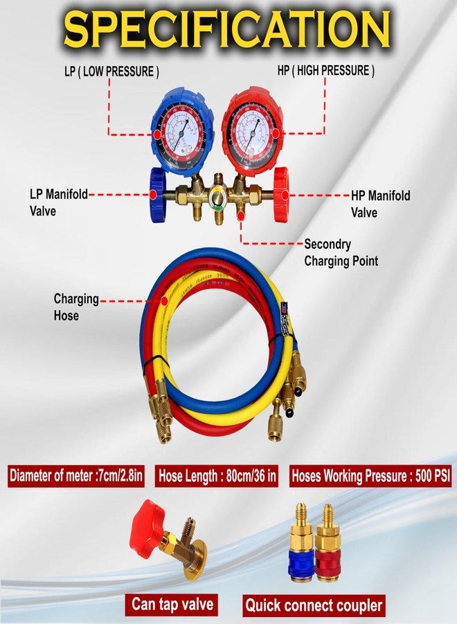 Digital Craft Manifold Gauge Set for Air Conditioning & Refrigeration - AC Service Tool Compatible with R12, R22, R404A & R134A, Includes Tap Valve & Small Quick Coupler - Image 4