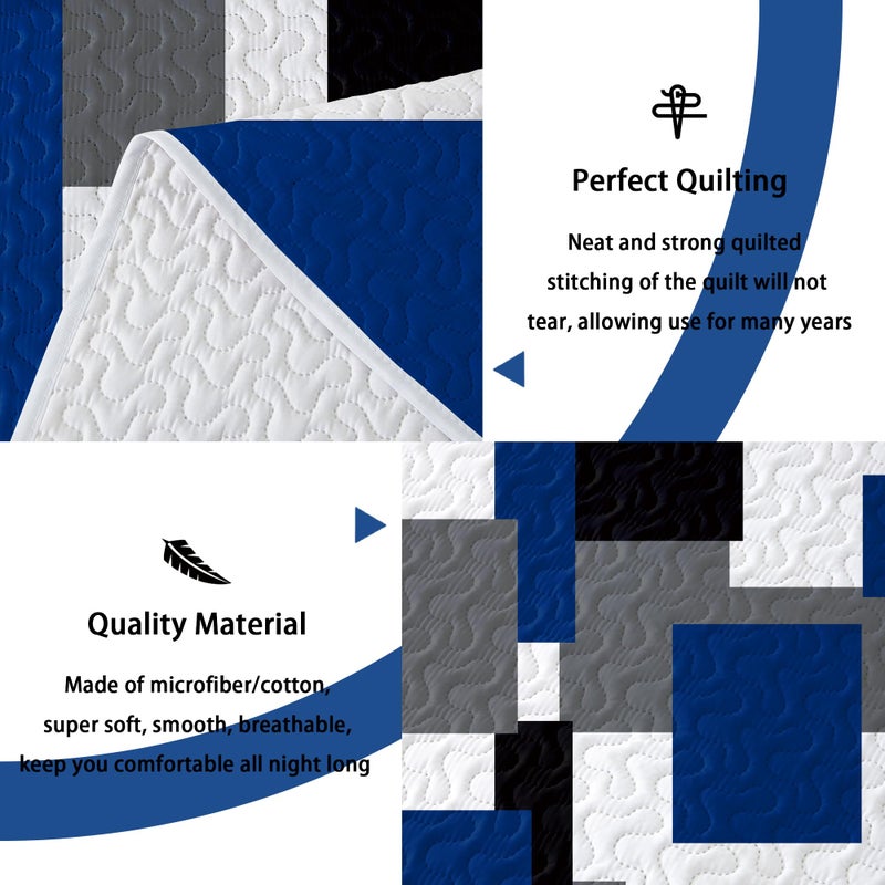 Tyrot 3 Piece Blue White Grey Quilt Set Full/Queen Size Black White Geometric Reversible Bedding Set Microfiber Lightweight Bedspread Coverlet with 2 Shams Modern Bed Covers for All Season, 90''x96'' - Image 4