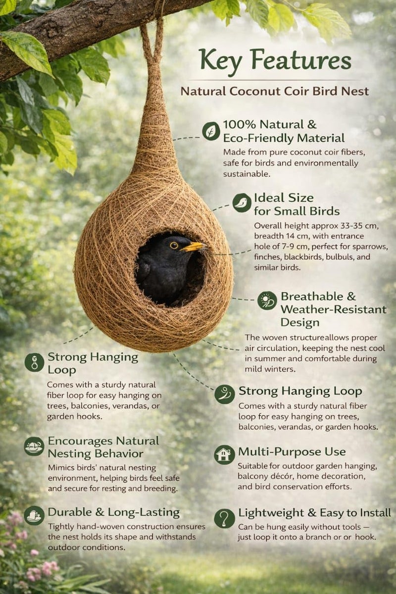 Omiyage Handcrafted Jute Bird Nest for Cages, breeding, Wild Birds - Cozy Haven for All Medium,Small Birds Like Sparrows, Finches & Java Sparrows (1 Nest) - Image 3