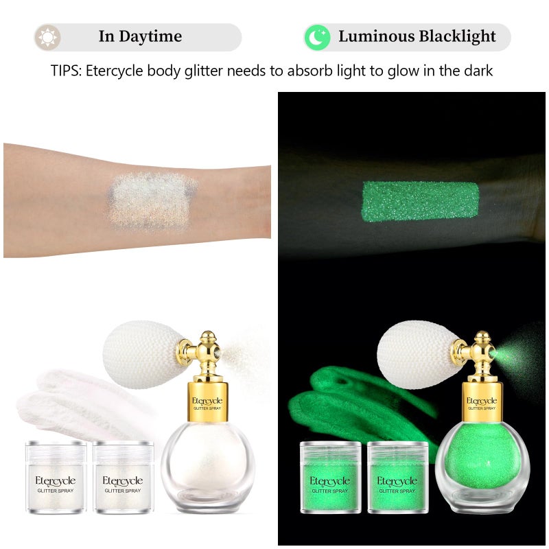 Etercycle Body Glitter Spray, Glow in The Dark Party Supplies Hair Glitter, Extra Fine Face Shimmer Powder UV Black Light Sparkly Glitter Gifts for Glow Party Halloween Easter Rave Accessories Makeup - Image 2