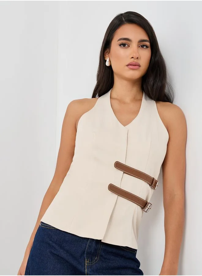 ستايلي Styli V Neck Waistcoat with Faux Leather Double Belting Detail