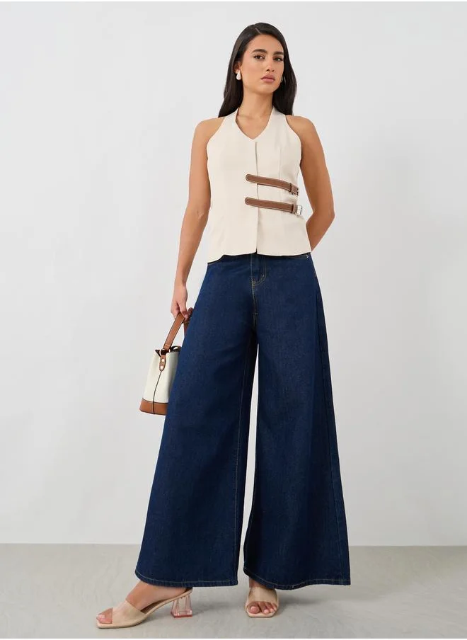 ستايلي Styli V Neck Waistcoat with Faux Leather Double Belting Detail