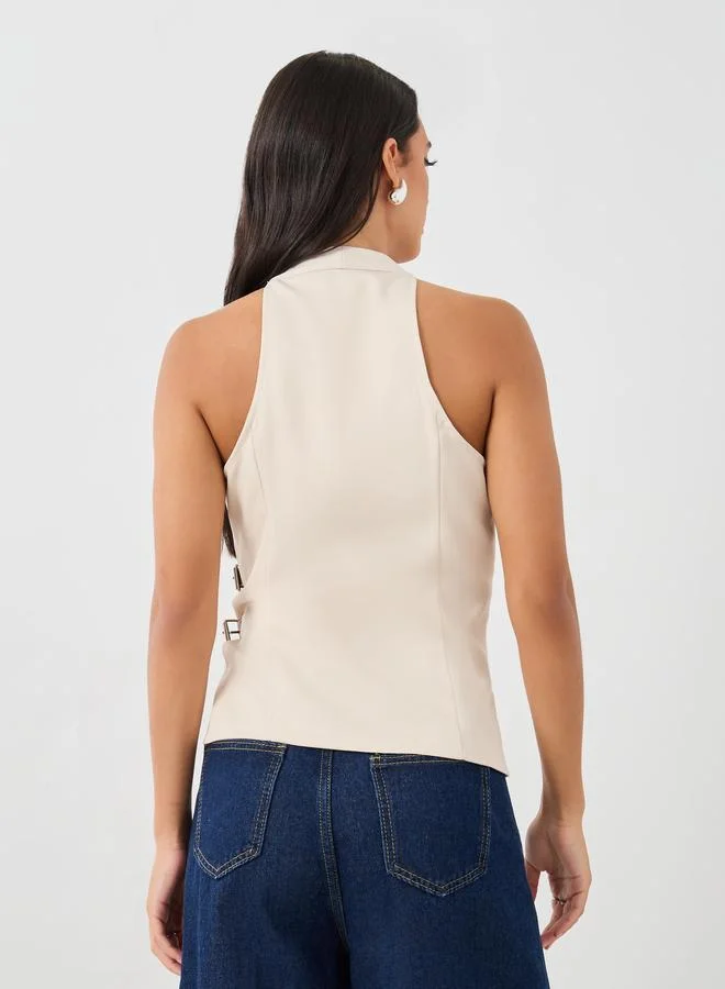 Styli Styli V Neck Waistcoat with Faux Leather Double Belting Detail