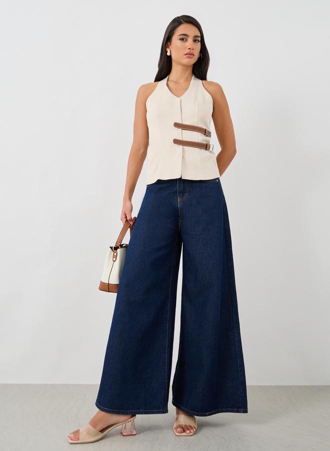 Styli V Neck Waistcoat With Faux Leather Double Belting Detail - Image 2