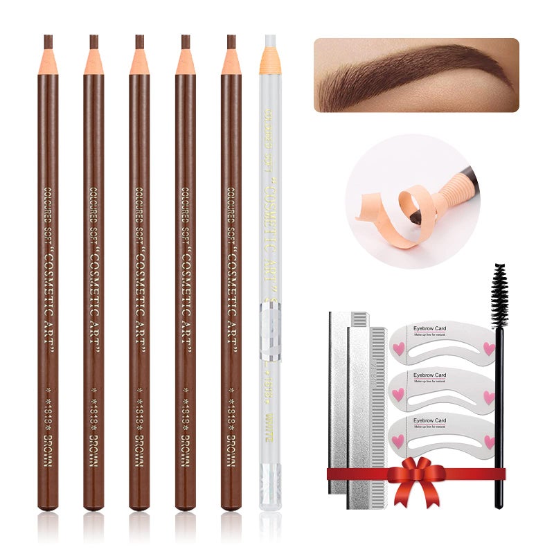 LSxia Waterproof Eye-Brows Pen-cil Set, Pull Cord Peel-off Eyebrow Pencil Microblading Eyebrow Pen Supplies Kit, White Eye-Liner Pencil and Eyebrows Tool Tattoo Makeup For Marking (5+1 Brown) - Image 1