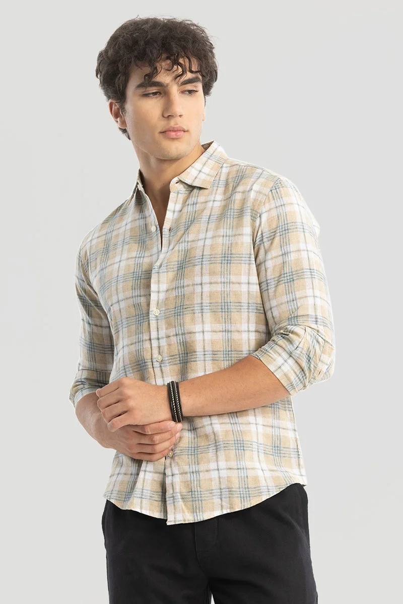 سنيتش Beige Checks Linen Blend Shirt
