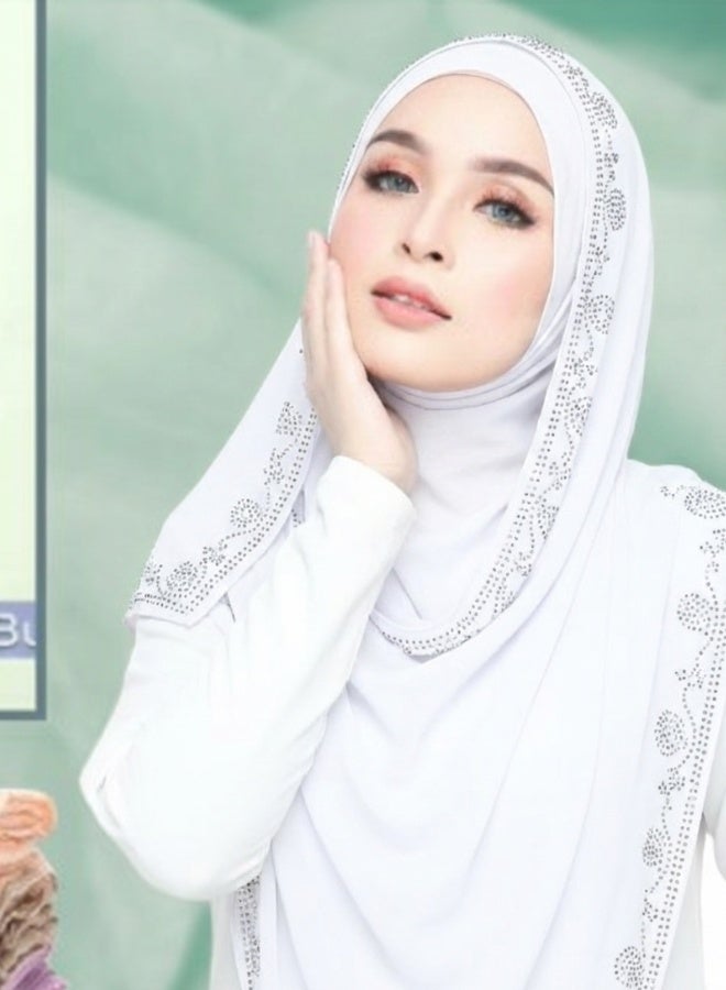 حجاب سهل الارتداء لون أبيض مزين بأحجار جاهز للارتداء قماش ناعم أزياء محتشمة للنساء