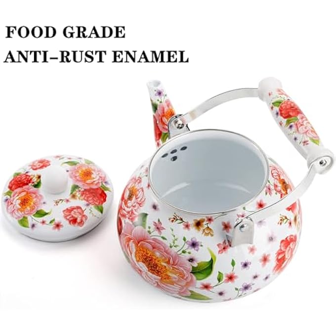 KASTWAVE Vintage Enamel Tea Kettle 26 Quart Floral Enamel On Steel Water Kettle Teapot With Porcelain Handle For Stovetop Home Kitchen Decor New Year Housewarming Wedding Gift For Friend No Whistling - Image 4