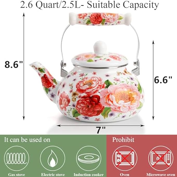 KASTWAVE Vintage Enamel Tea Kettle 26 Quart Floral Enamel On Steel Water Kettle Teapot With Porcelain Handle For Stovetop Home Kitchen Decor New Year Housewarming Wedding Gift For Friend No Whistling - Image 3