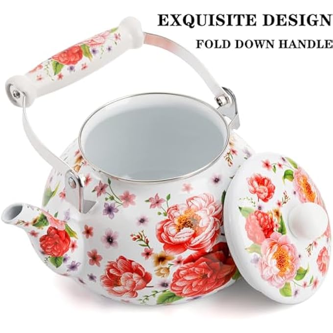 KASTWAVE Vintage Enamel Tea Kettle 26 Quart Floral Enamel On Steel Water Kettle Teapot With Porcelain Handle For Stovetop Home Kitchen Decor New Year Housewarming Wedding Gift For Friend No Whistling - Image 5