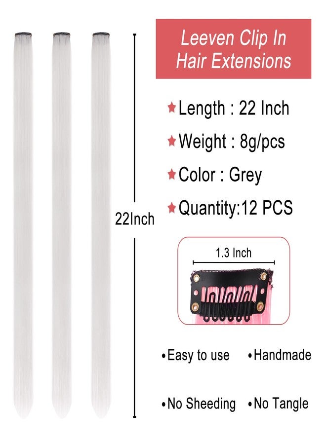 Leeven 22 Inch Grey Colored Hair Extensions Clip in 12PCS Long Straight Clip on Synthetic Hairpieces Colorful Party Highlights Hair Accessories Cosplay Christmas for Women Girl Kids - Image 2