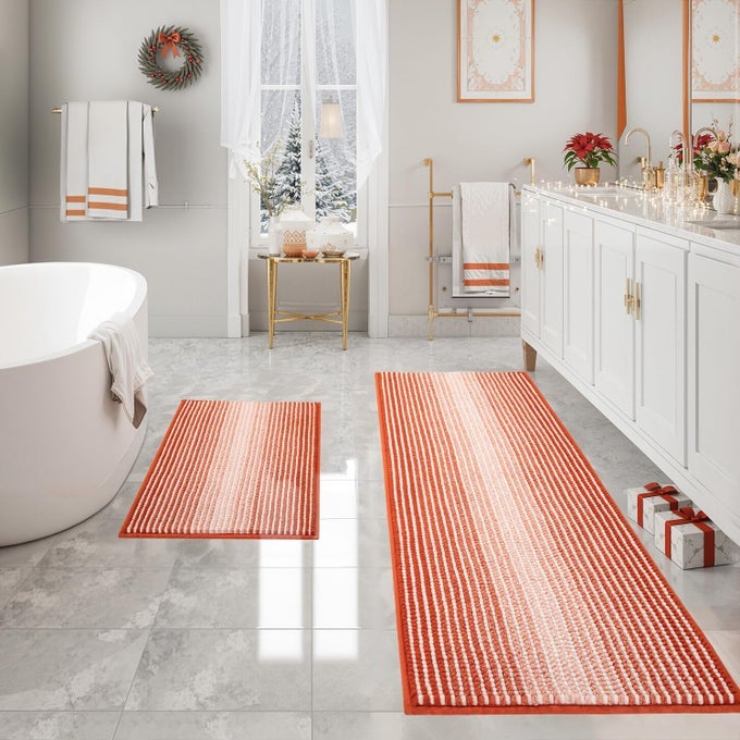 BATHROOM RUGS AND MATS SETS 2 PIECE THICK ABSORBENT CHENILLE BATH MAT RUG SET NON SLIP SOFT SHAGGY BATH ROOM FLOOR MATS FOR BATHROOM MACHINE WASHABLE SUNSET ORANGE 24 X 70 PLUS 20 X 32