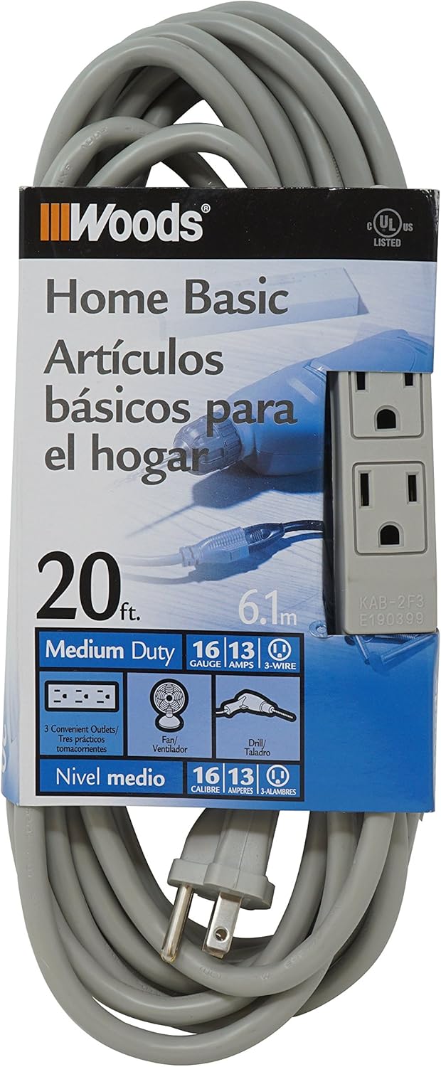 Woods Light Duty Extension Cord 20Ft 16 Gauge 3 Conductor 3 Outlet Cord SJTW Gray 2867 - Image 1