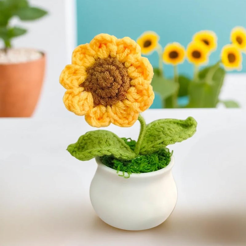 Ekhasa Nostrae by Cute Sunflower Crochet Flowers Pot for Car Dashboard | Knitted Flowers Vase Pot with Flowers for Table, Office, Home Decor | Fabric, Yarn Crochet Flower Bouquet | Crochet Gifts - Image 2