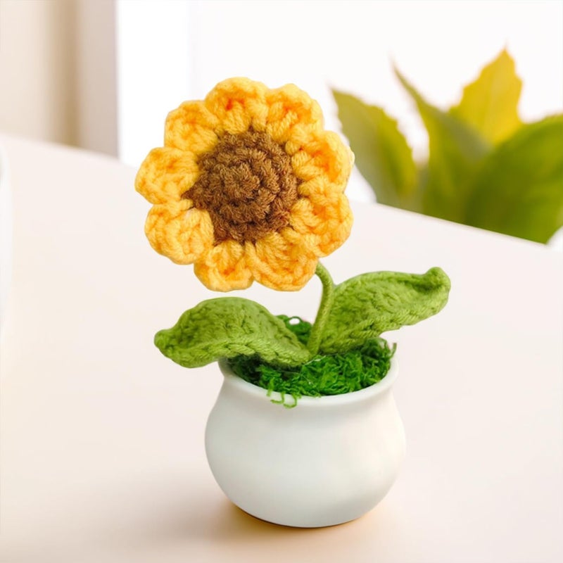 Ekhasa Nostrae by Cute Sunflower Crochet Flowers Pot for Car Dashboard | Knitted Flowers Vase Pot with Flowers for Table, Office, Home Decor | Fabric, Yarn Crochet Flower Bouquet | Crochet Gifts - Image 1