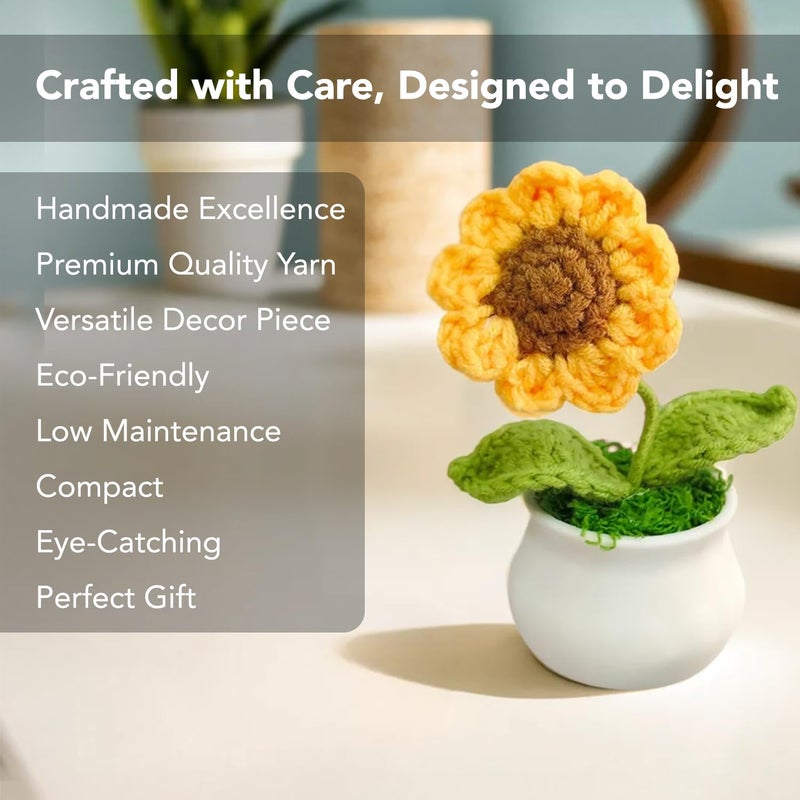 Ekhasa Nostrae by Cute Sunflower Crochet Flowers Pot for Car Dashboard | Knitted Flowers Vase Pot with Flowers for Table, Office, Home Decor | Fabric, Yarn Crochet Flower Bouquet | Crochet Gifts - Image 4