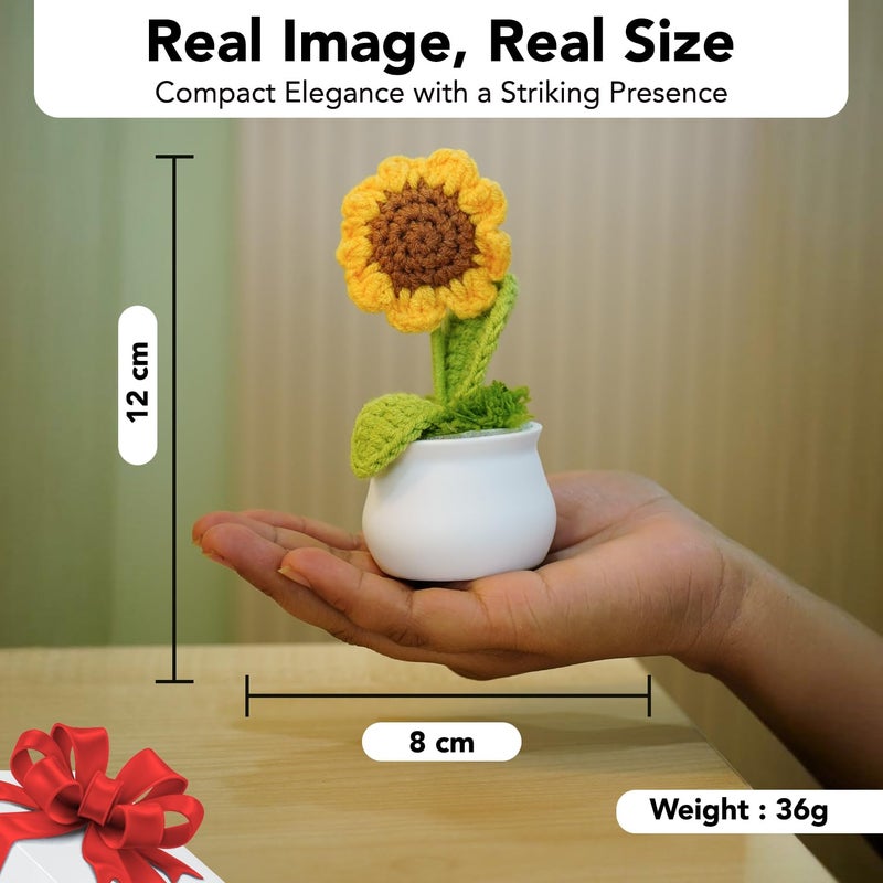 Ekhasa Nostrae by Cute Sunflower Crochet Flowers Pot for Car Dashboard | Knitted Flowers Vase Pot with Flowers for Table, Office, Home Decor | Fabric, Yarn Crochet Flower Bouquet | Crochet Gifts - Image 3